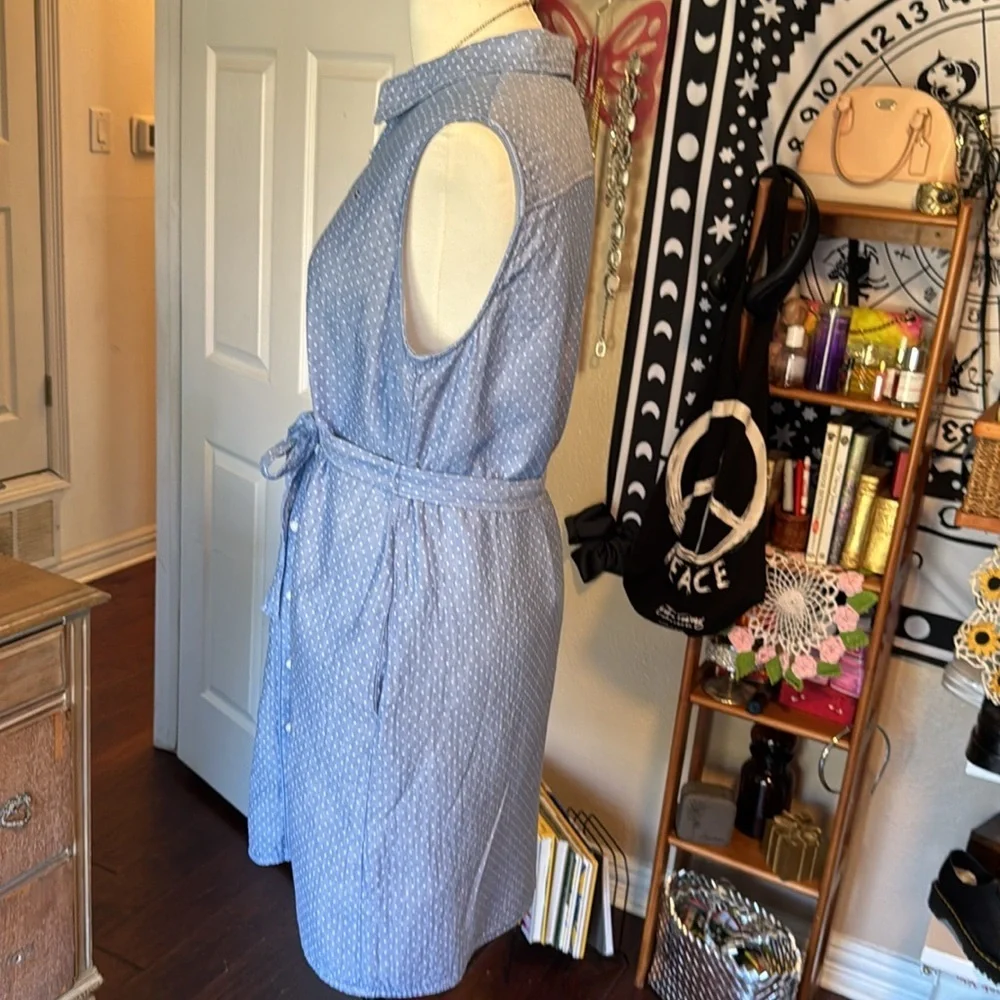 Tommy Hilfiger mini dress white polka dot/ blue collared belted half button sz10 - Picture 6 of 12